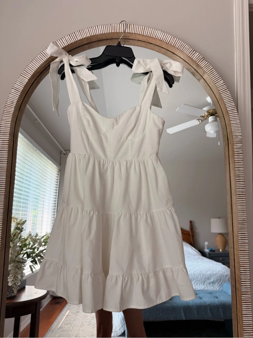 Lulus S  Linen Blend Tie Strap Corset Mini Dress Tiered White Bridal Cottagecore